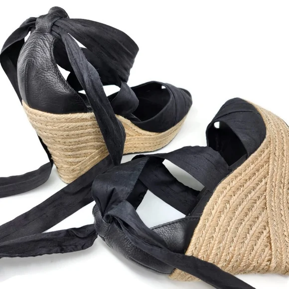 UGG Lucianna Black Ribbon Ankle Wrap Tie Peep-Toe Braid Jute Wedge Heel Sandals - Picture 7 of 11